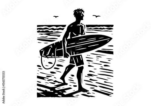 People Surfing Hand Drawn Natural Illustration Stylized as Linocut Vector Isolated by AZ for Books, Arts, Design and Decoration Graphic Asset