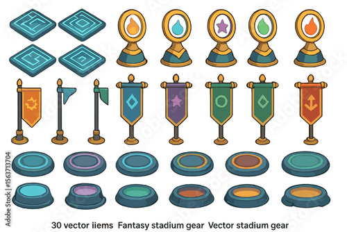 Set of fantasy stadium icons and gear including glowing tiles, banners, tokens, and podiums.