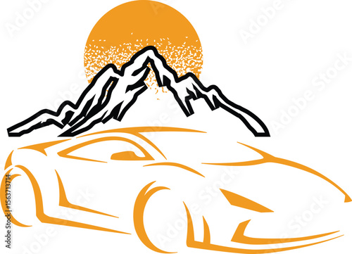 Silhouette of modern car with sun set in mountains