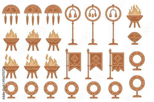 Set of 30 vector icons featuring ceremonial items like torches, fire pits, bells, and banners with intricate designs, perfect for ritualistic and ceremonial themes.