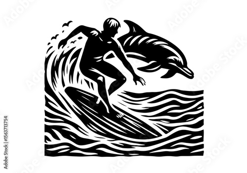 People Surfing Hand Drawn Natural Illustration Stylized as Linocut Vector Isolated by AZ for Books, Arts, Design and Decoration Graphic Asset