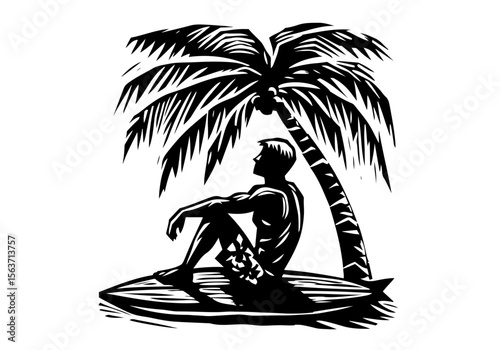 People Surfing Hand Drawn Natural Illustration Stylized as Linocut Vector Isolated by AZ for Books, Arts, Design and Decoration Graphic Asset