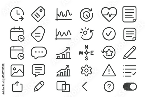 Set of detailed line icons representing various functionalities such as time, calendar, health, communication, graphs