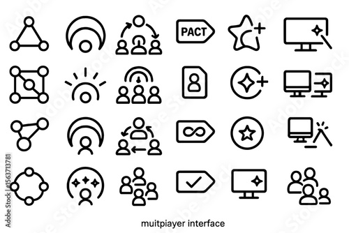 A set of 30 multiplayer interface vector icons, featuring social connections, groups, user profiles, digital agreements, and dynamic interactions, including pact, stars, and network symbols.
