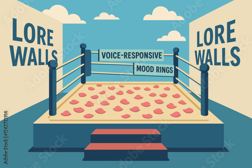 Flat illustration of a boxing ring labeled with tech terms and lore walls