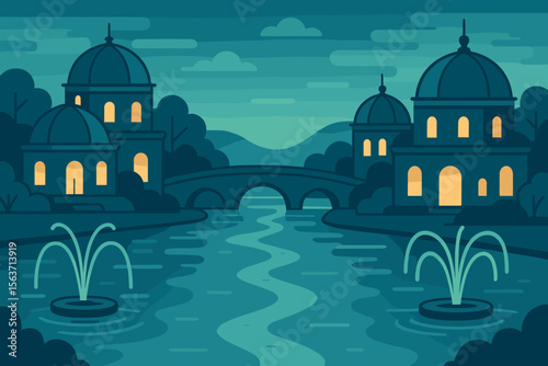 Flat vector artwork of a calm riverside city with domes and fountains