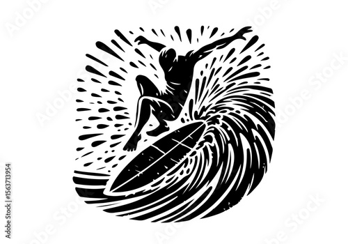 People Surfing Hand Drawn Natural Illustration Stylized as Linocut Vector Isolated by AZ for Books, Arts, Design and Decoration Graphic Asset