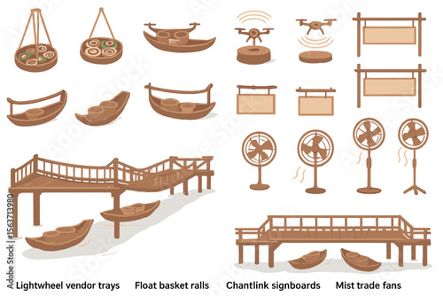 Set of illustrations featuring unique floating vendor trays, signboards, and mist fans.
