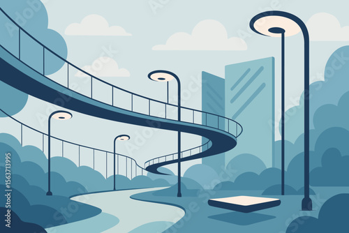 Stylized cityscape with a curving pedestrian bridge and street lights.