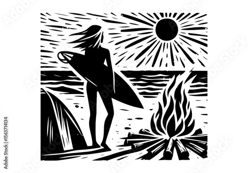 People Surfing Hand Drawn Natural Illustration Stylized as Linocut Vector Isolated by AZ for Books, Arts, Design and Decoration Graphic Asset