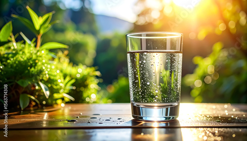 Refreshing glass of water sits outdoors bathed in sunlight, a tranquil scene promoting hydration and wellness in nature.
