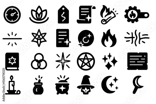 Set of mystical and magical black icons with occult symbols.