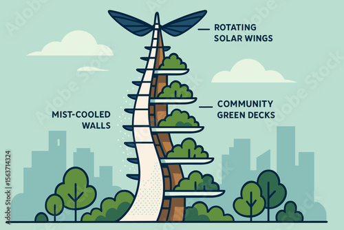 Eco-friendly skyscraper concept with solar wings and green decks