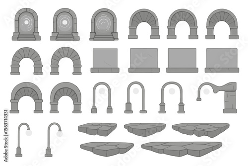 Set of stone dungeon platform and archway assets for game design