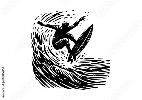 People Surfing Hand Drawn Natural Illustration Stylized as Linocut Vector Isolated by AZ for Books, Arts, Design and Decoration Graphic Asset