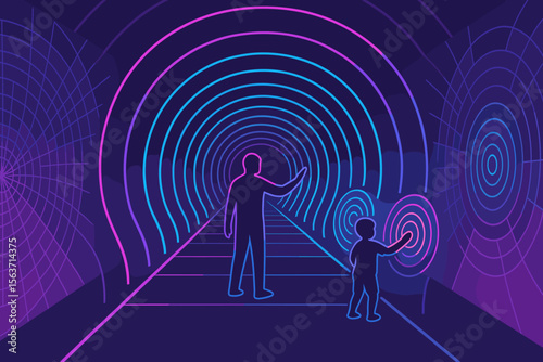 Silhouettes in neon tunnel interacting with glowing circular touchpoints