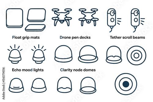 A set of 12 futuristic icons depicting float grip mats, drones, echo mood lights, clarity node domes, and tether scroll beams.