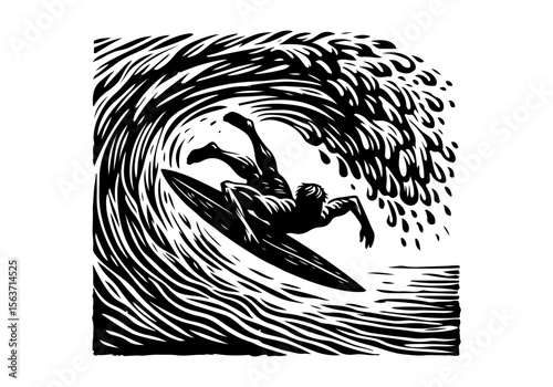 People Surfing Hand Drawn Natural Illustration Stylized as Linocut Vector Isolated by AZ for Books, Arts, Design and Decoration Graphic Asset