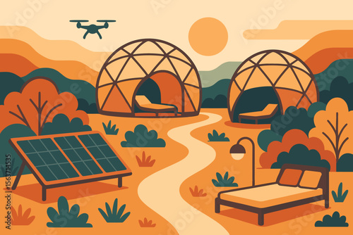 Eco glamping site with dome tents, solar panels, and drone in sunset scene