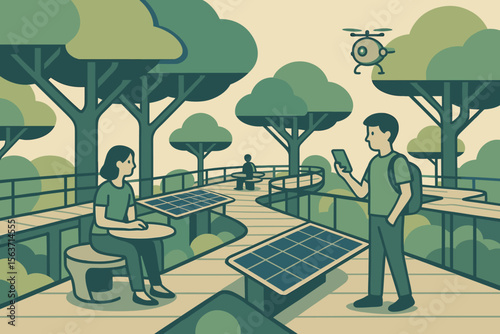 People relaxing on a sustainable walkway with solar panels and a drone overhead.