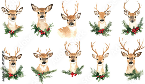 Watercolor Deer Heads with Antlers and Christmas Holly and Pine Branch Wreaths on a White Background