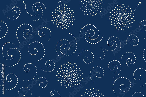 Abstract spiral pattern with dotted lines and swirls on a deep blue background.