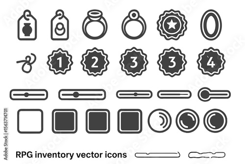 A set of RPG inventory vector icons featuring tags, rings, numbered badges, progress bars, and empty item slots, in a minimalist, monochrome design.