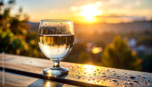 A refreshing drink in a wine glass glistens with water droplets, set against a stunning golden sunset and scenic landscape.