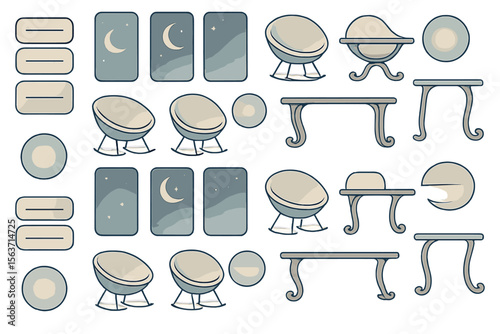 A set of decorative vector icons featuring minimalist furniture and items like chairs, tables, and mirrors with a serene, moonlit design.