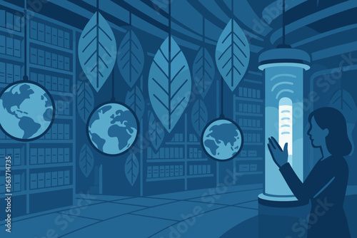A futuristic illustration of a woman interacting with floating globe-like orbs surrounded by bookshelves, symbolizing a blend of knowledge and environmental awareness.