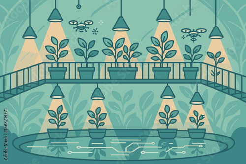 Illustration of a futuristic indoor plant-growing environment with smart lighting, a drone, and a network of plants flourishing under digital care.