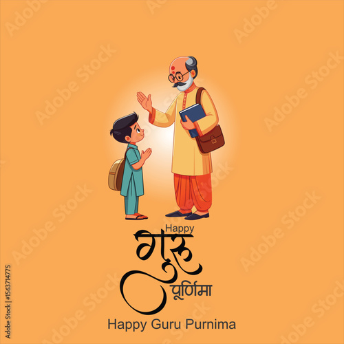 happy Guru Purnima teacher blassing indian  elder, digital illustration, vibrant colors, traditional indian art style teacher is blassing student guru purnima hindi calligraphy