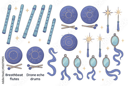 Set of whimsical musical instruments and magical elements in soft colors