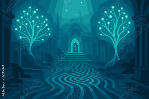 Fantasy landscape with glowing trees and mystical architecture