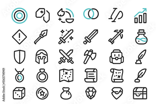 Set of fantasy game icons with glowing accents on dark background