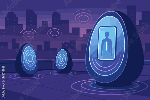 Futuristic cityscape with glowing technology pods and human-like figures