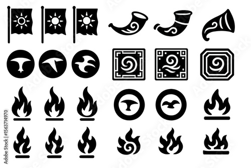 Set of black and white mystical symbols including banners, horns, and geometric shapes