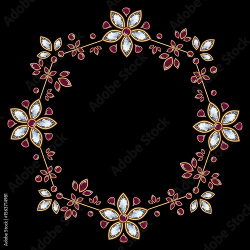 A circular frame made of precious stones. Jewelry, diamonds, precious stones as decoration in the circle.
