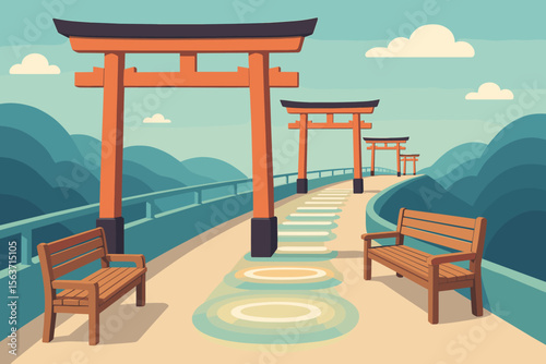 Minimalist torii gate pathway with benches and mountain backdrop