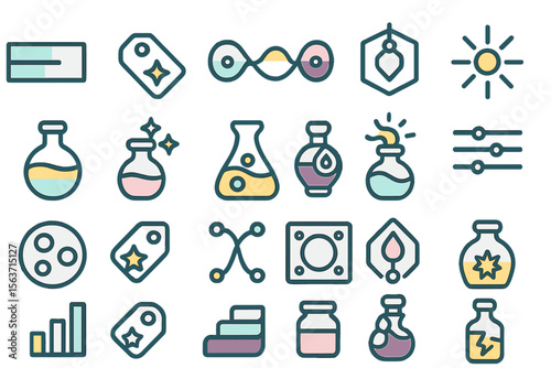 Colorful science and chemistry icons set with modern design