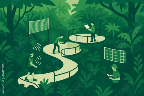Researchers collecting data with technology in lush rainforest