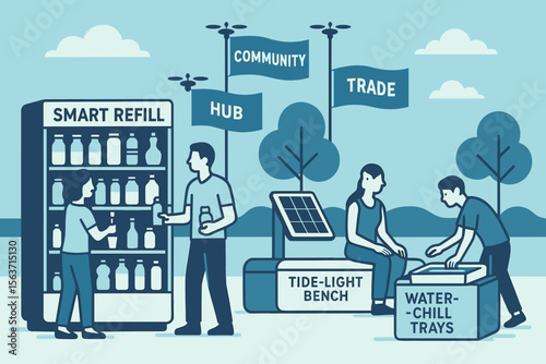 An eco-friendly community hub featuring a smart refill station, solar-powered benches, and water-chill trays.