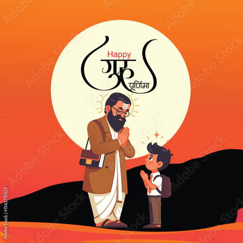 happy Guru Purnima teacher blassing indian  elder, digital illustration, vibrant colors, traditional indian art style teacher is blassing student guru purnima hindi calligraphy