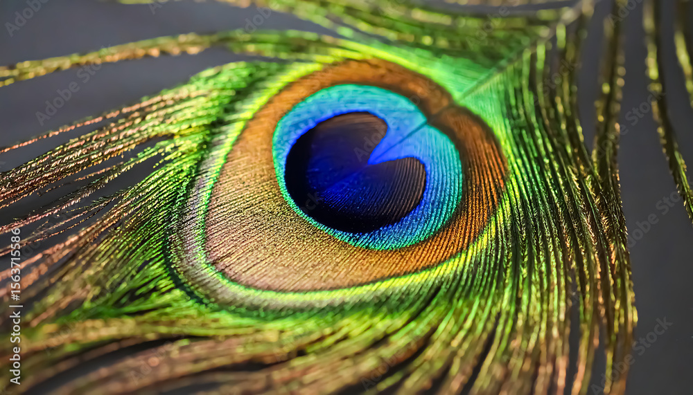 Naklejka premium Vibrant hues illuminate the delicate structure of a peacock feather, showcasing nature's artistry in an eye-catching close up.