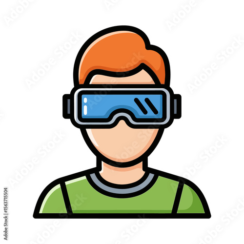 Illustration of a person wearing virtual reality goggles, depicted from the shoulders up.
