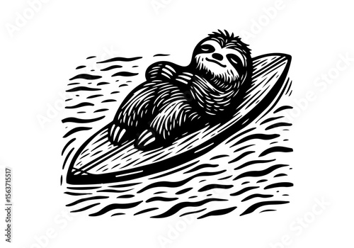Animals Surfing Hand Drawn Natural Illustration Stylized as Linocut Vector Isolated by AZ for Books, Arts, Design and Decoration Graphic Asset
