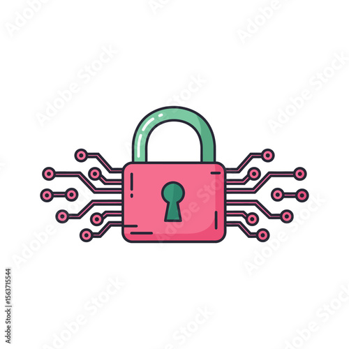 A stylized pink padlock with green shackle and keyhole, surrounded by circuit board elements.