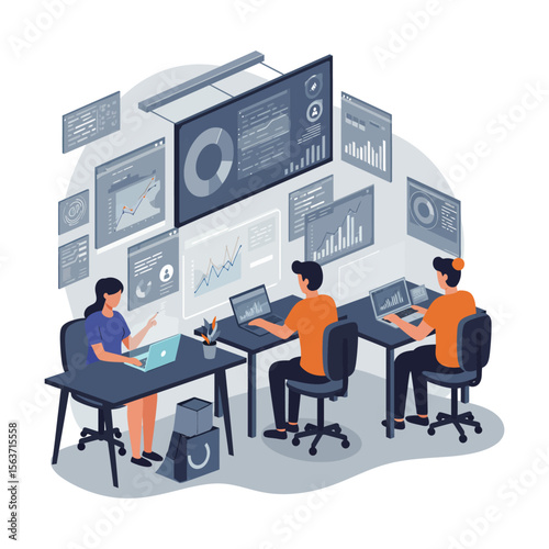 Three people working on laptops in a modern office setting, surrounded by data visualizations.