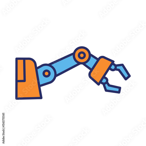 A stylized illustration of a robotic arm with a gripper, likely for industrial use.