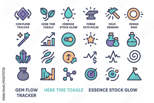 Set of futuristic, colorful icons related to tracking, data, and energy systems, featuring science and technology themes.